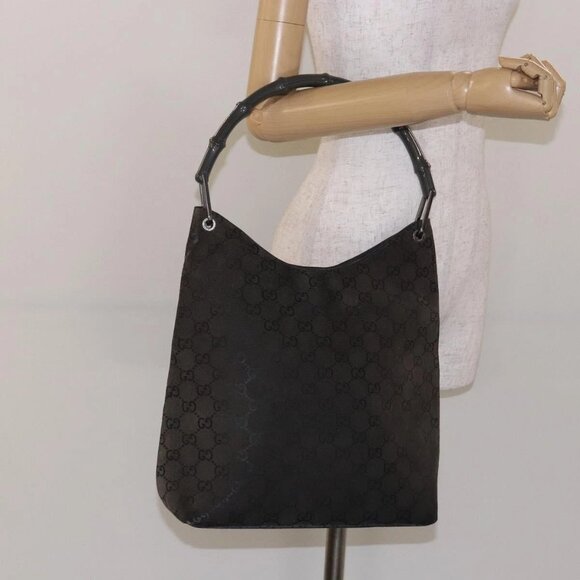 GUCCI GG Canvas Bamboo Shoulder Bag Suede Gray Silver 001 1705 3006 Auth bs28652 - Picture 1 of 15